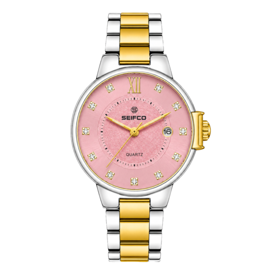 SEIFCO Classic Men's Stainless Steel Quartz Watch, Pink Dial, Silver Gold