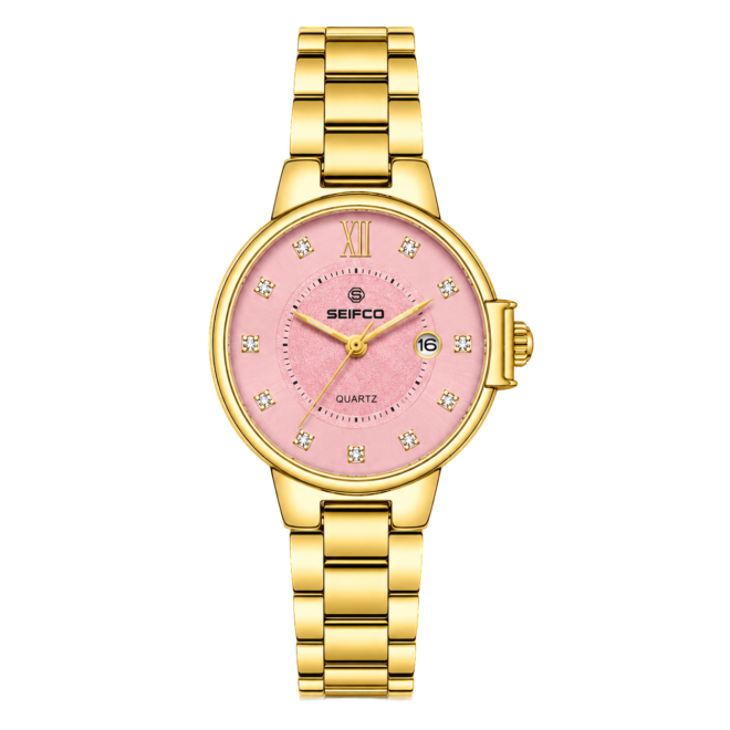 SEIFCO Classic women Stainless Steel Quartz Watch, Pink Dial, Silver Gold