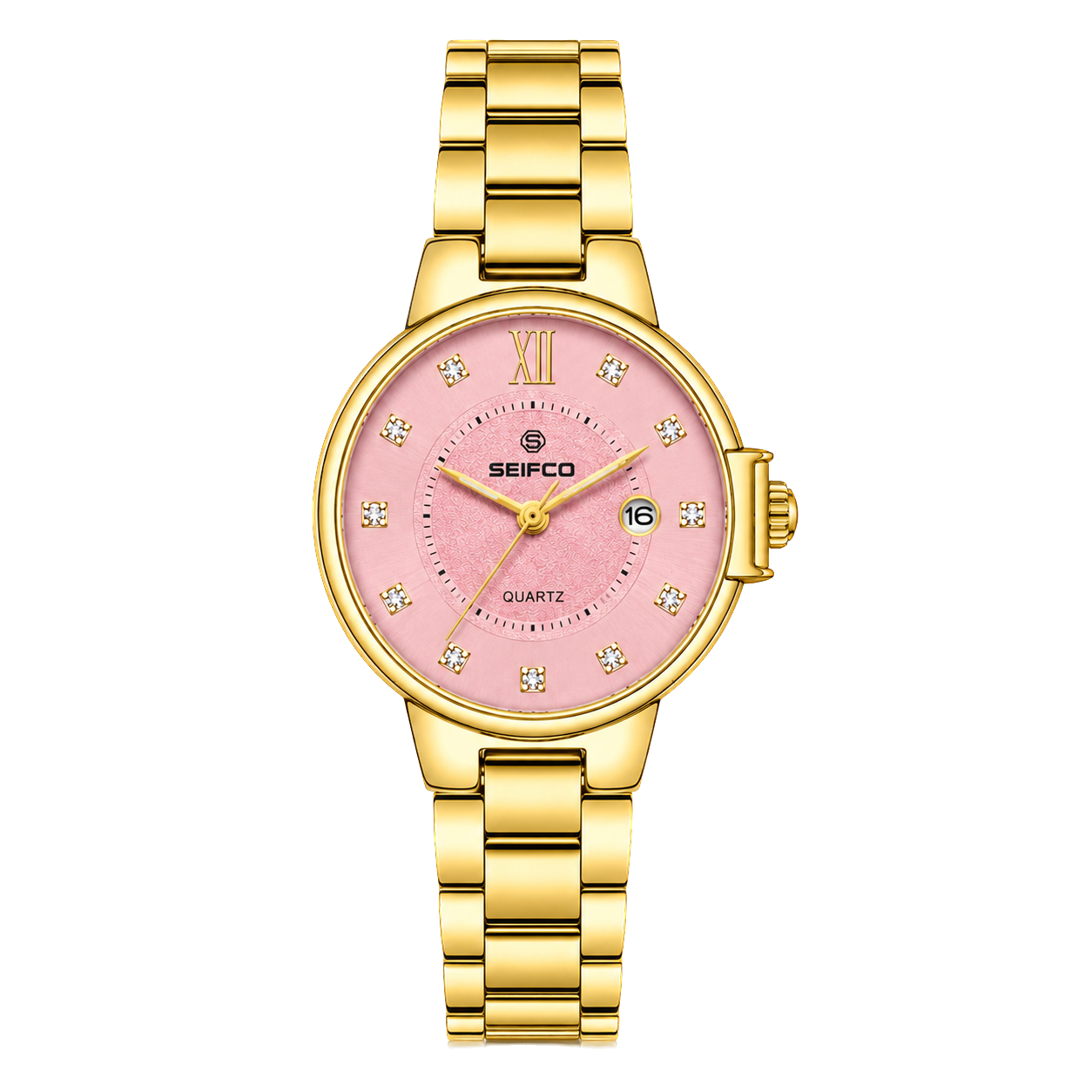 SEIFCO Classic women Stainless Steel Quartz Watch, Pink Dial, Silver Gold