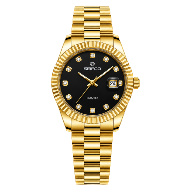 SEIFCO Classic Men's Stainless Steel Quartz Watch, Black Dial,  Gold