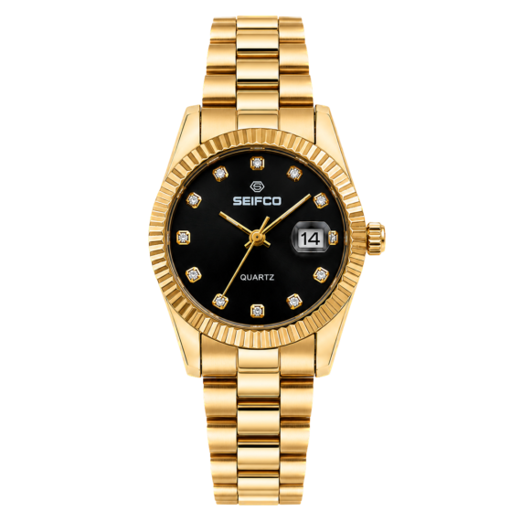 SEIFCO Classic Women Stainless Steel Quartz Watch, Black Dial, Gold