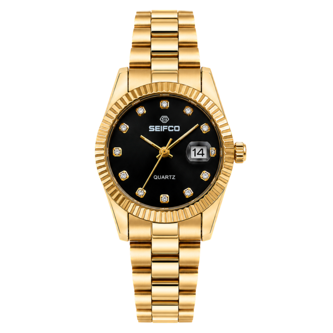 SEIFCO Classic Women Stainless Steel Quartz Watch, Black Dial,  Gold