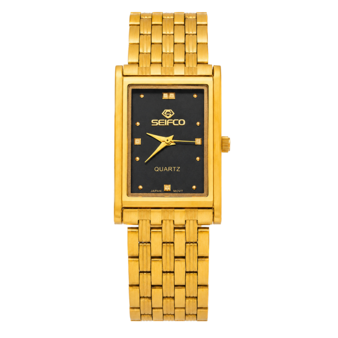 Seifco SF-OR8BKGM unisex Quartz Watch, Black Dial, Gold Stainless Steel Bracelet
