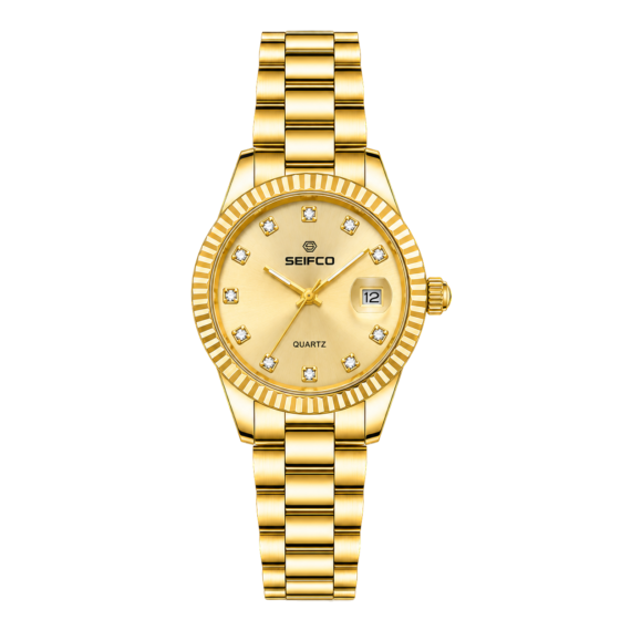 SEIFCO Classic Women Stainless Steel Quartz Watch, Gold Dial, Gold
