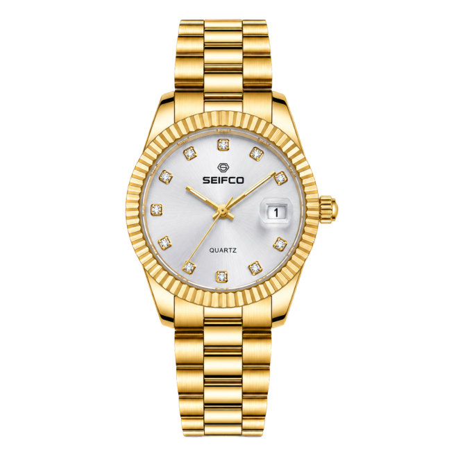 SEIFCO Classic Men's Stainless Steel Quartz Watch, White Dial,  Gold
