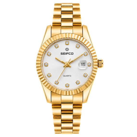SEIFCO Classic Women Stainless Steel Quartz Watch, White Dial, Gold