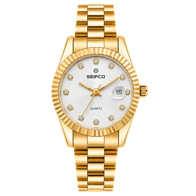 SEIFCO Classic Women Stainless Steel Quartz Watch, White Dial,  Gold