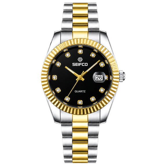 SEIFCO Classic Men's Stainless Steel Quartz Watch, Black Dial, Silver Gold