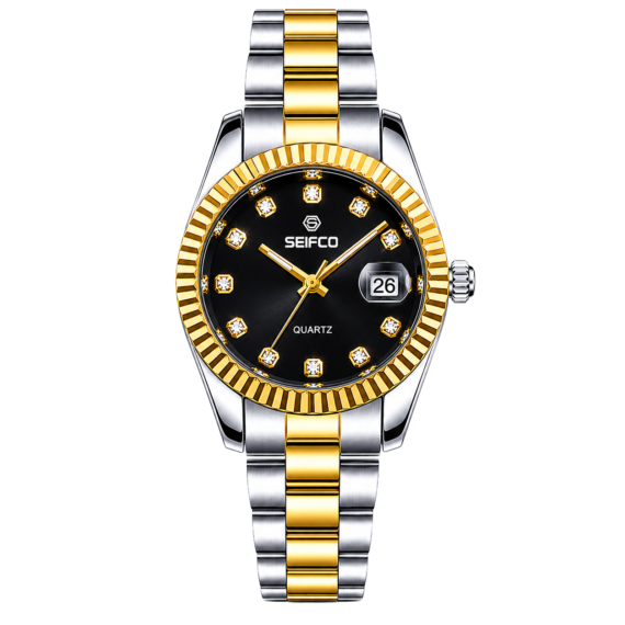 SEIFCO Classic Women Stainless Steel Quartz Watch, Black Dial, Silver Gold