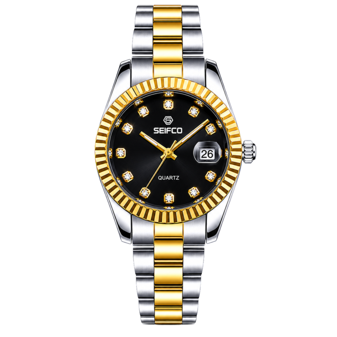 SEIFCO Classic Women Stainless Steel Quartz Watch, Black Dial, Silver Gold
