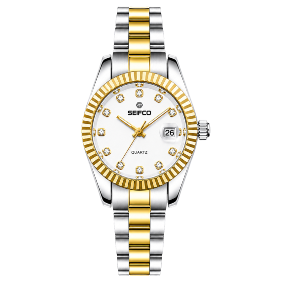 SEIFCO Classic Women Stainless Steel Quartz Watch, White Dial, Silver Gold