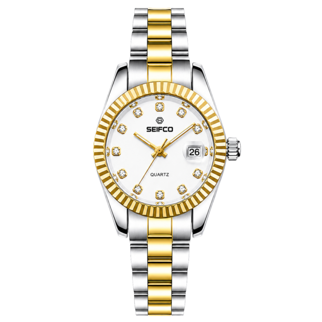SEIFCO Classic Women Stainless Steel Quartz Watch, White Dial, Silver Gold