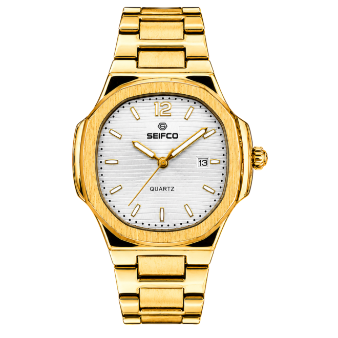 SEIFCO Classic Men's Stainless Steel Quartz Watch, White Dial, Gold