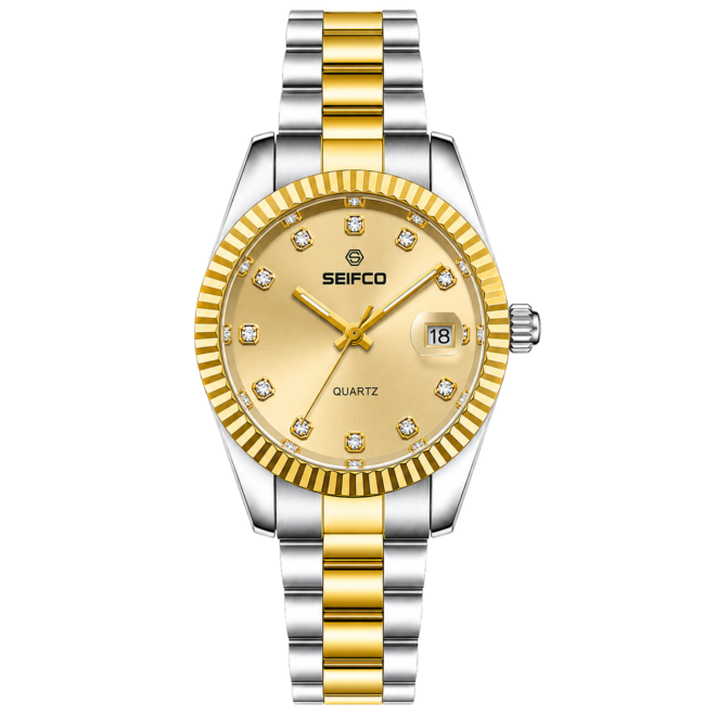 SEIFCO Classic Men's Stainless Steel Quartz Watch, Gold Dial, Silver Gold