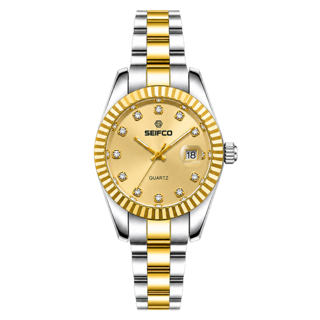 SEIFCO Classic Women Stainless Steel Quartz Watch, Gold Dial, Silver Gold