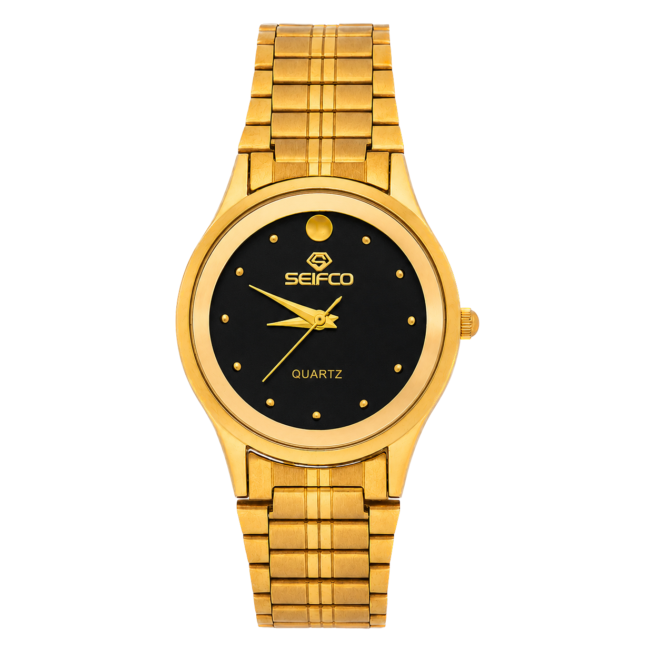 Seifco SF-OR5BKGM unisex Quartz Watch, Black Dial, Gold Stainless Steel Bracelet