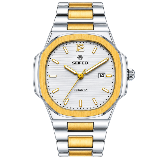 SEIFCO Classic Women Stainless Steel Quartz Watch, White Dial, Silver Gold