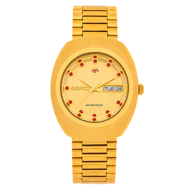 SEIFCO Classic Unisex Stainless Steel Watch with Gold Dial and Red Crystal Accents
