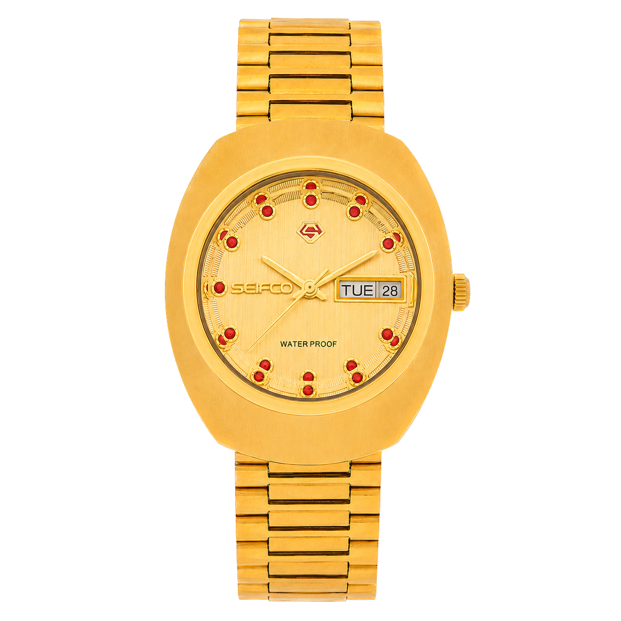 SEIFCO Classic Unisex Stainless Steel Watch with Gold Dial and Red Crystal Accents