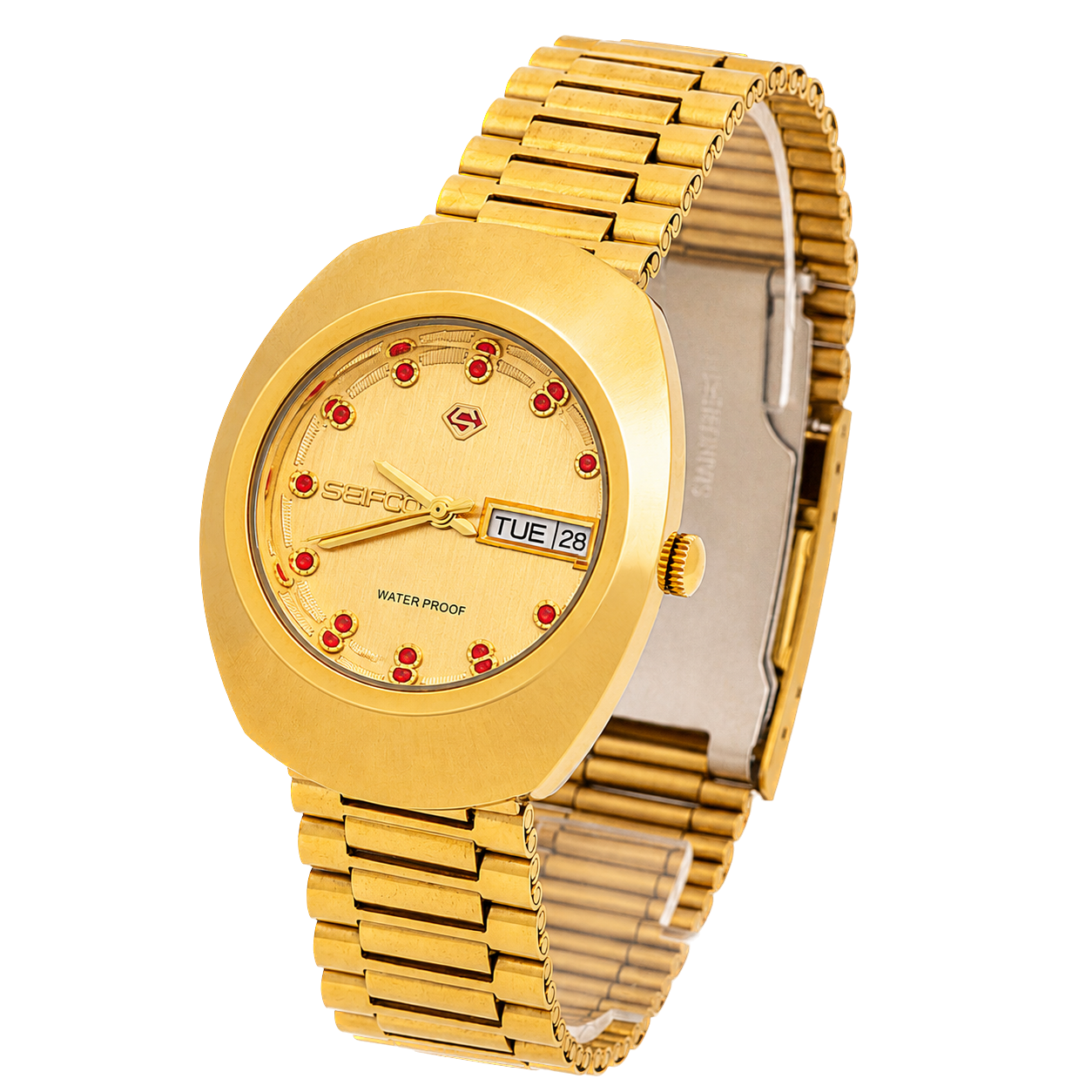 SEIFCO Classic Unisex Stainless Steel Watch with Gold Dial and Red Crystal Accents - Image 2