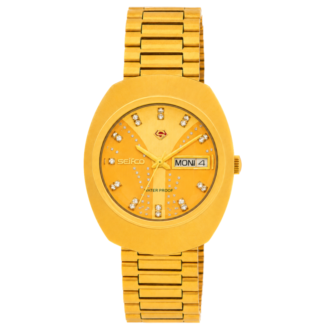SEIFCO Classic Unisex Stainless Steel Watch with Gold Dial and Day-Date Display