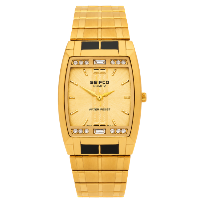 SEIFCO Classic Men’s Stainless Steel Watch with Gold Dial and Gold Bracelet