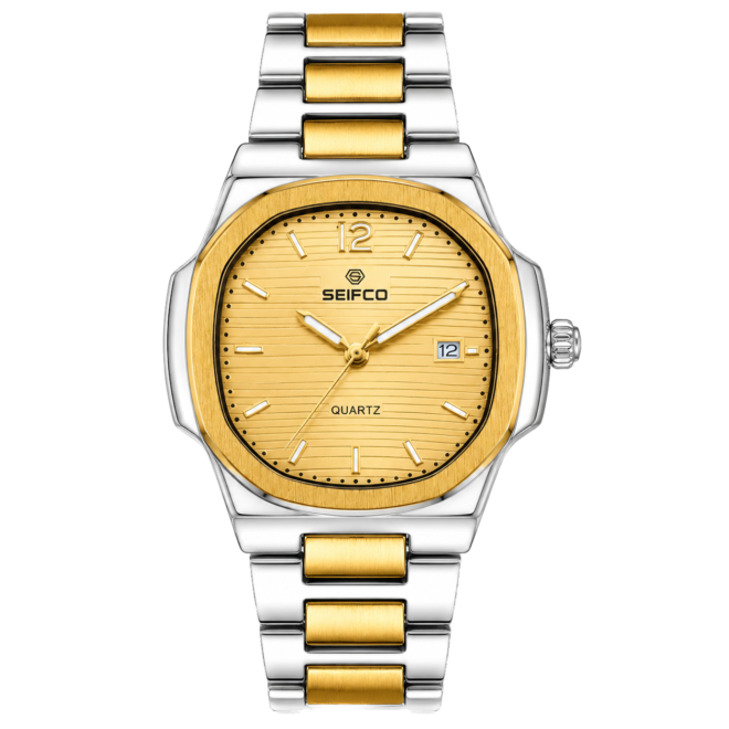 SEIFCO Classic Men's Stainless Steel Quartz Watch, Gold Dial, Silver Gold