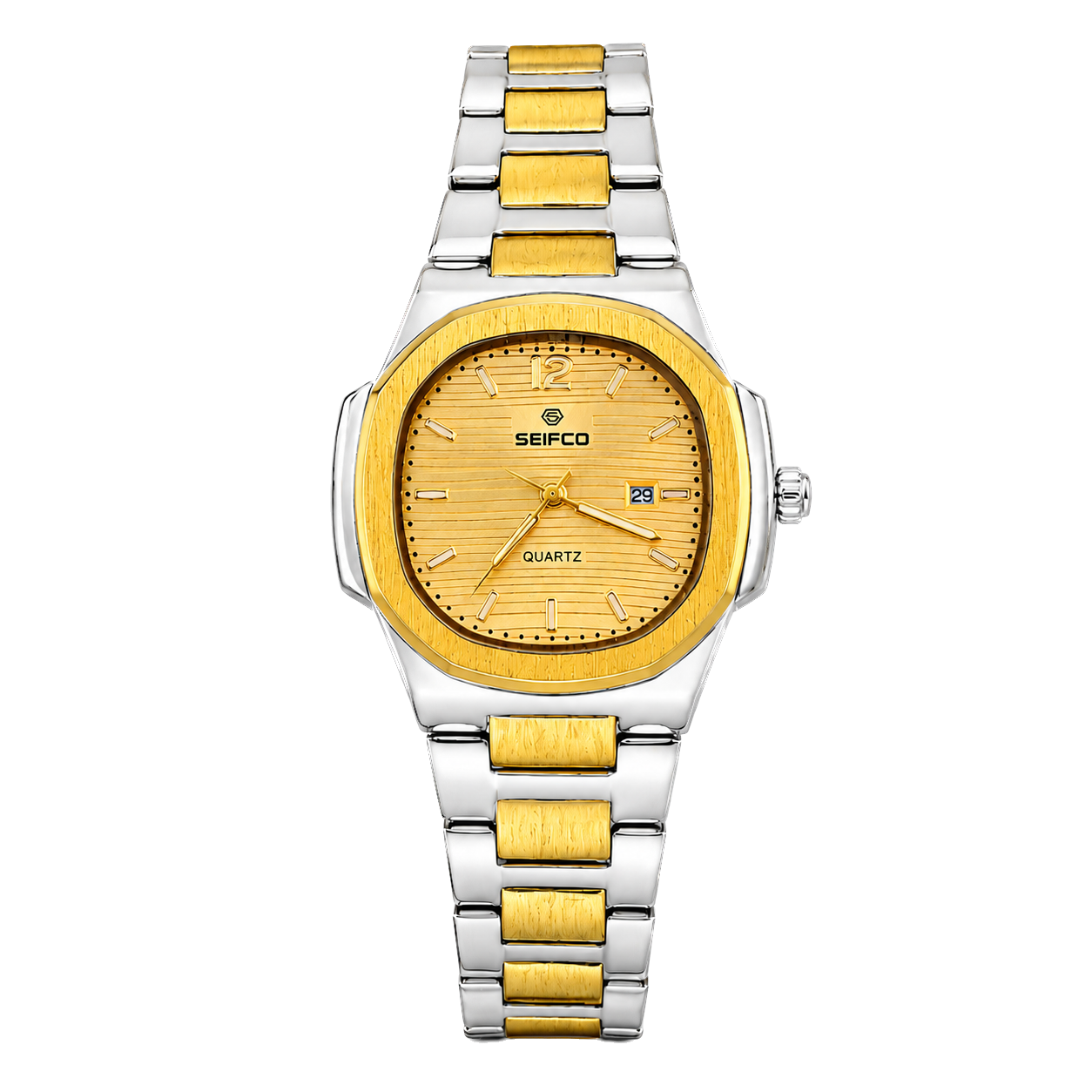 SEIFCO Classic Women Stainless Steel Quartz Watch, Gold Dial, Silver Gold