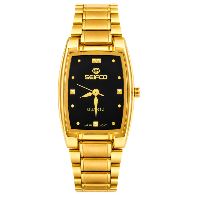 Seifco SF-OR7BKGM unisex Quartz Watch, Black Dial, Gold Stainless Steel Bracelet