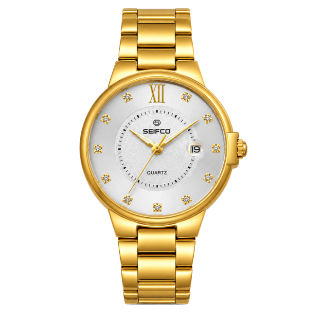SEIFCO Classic Men's Stainless Steel Quartz Watch, White Dial, Gold