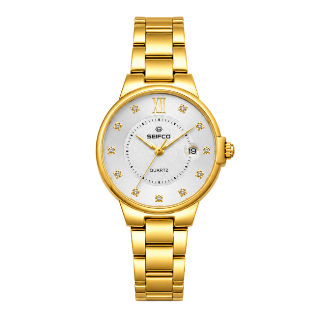 SEIFCO Classic Women Stainless Steel Quartz Watch, White Dial,  Gold