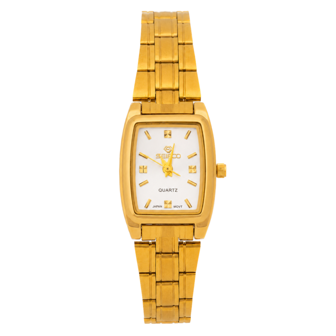 SEIFCO Slim Women's Stainless Steel Watch with White Dial and Gold Bracelet