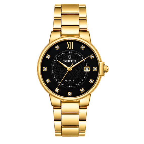 SEIFCO Classic Men's Stainless Steel Quartz Watch, Black Dial, Gold