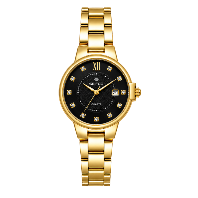 SEIFCO Classic Women Stainless Steel Quartz Watch, Black Dial,  Gold