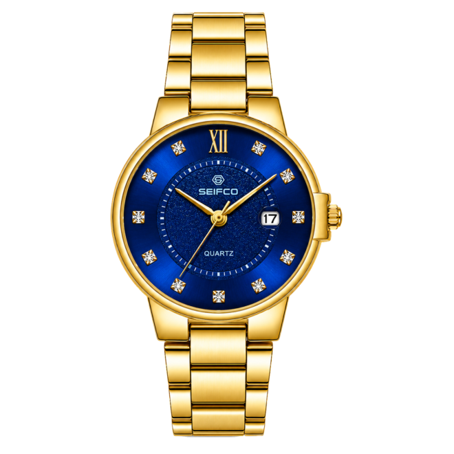 SEIFCO Classic Men's Stainless Steel Quartz Watch, Blue Dial,  Gold