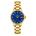 SEIFCO Classic Women Stainless Steel Quartz Watch, Blue Dial, Gold