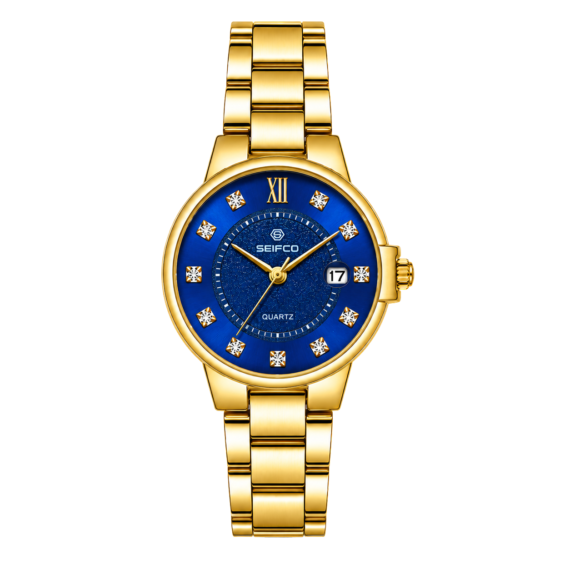 SEIFCO Classic Women Stainless Steel Quartz Watch, Blue Dial, Gold