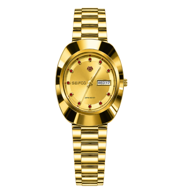 SEIFCO Classic Unisex Stainless Steel Watch with Gold Dial and Red Crystal Accents