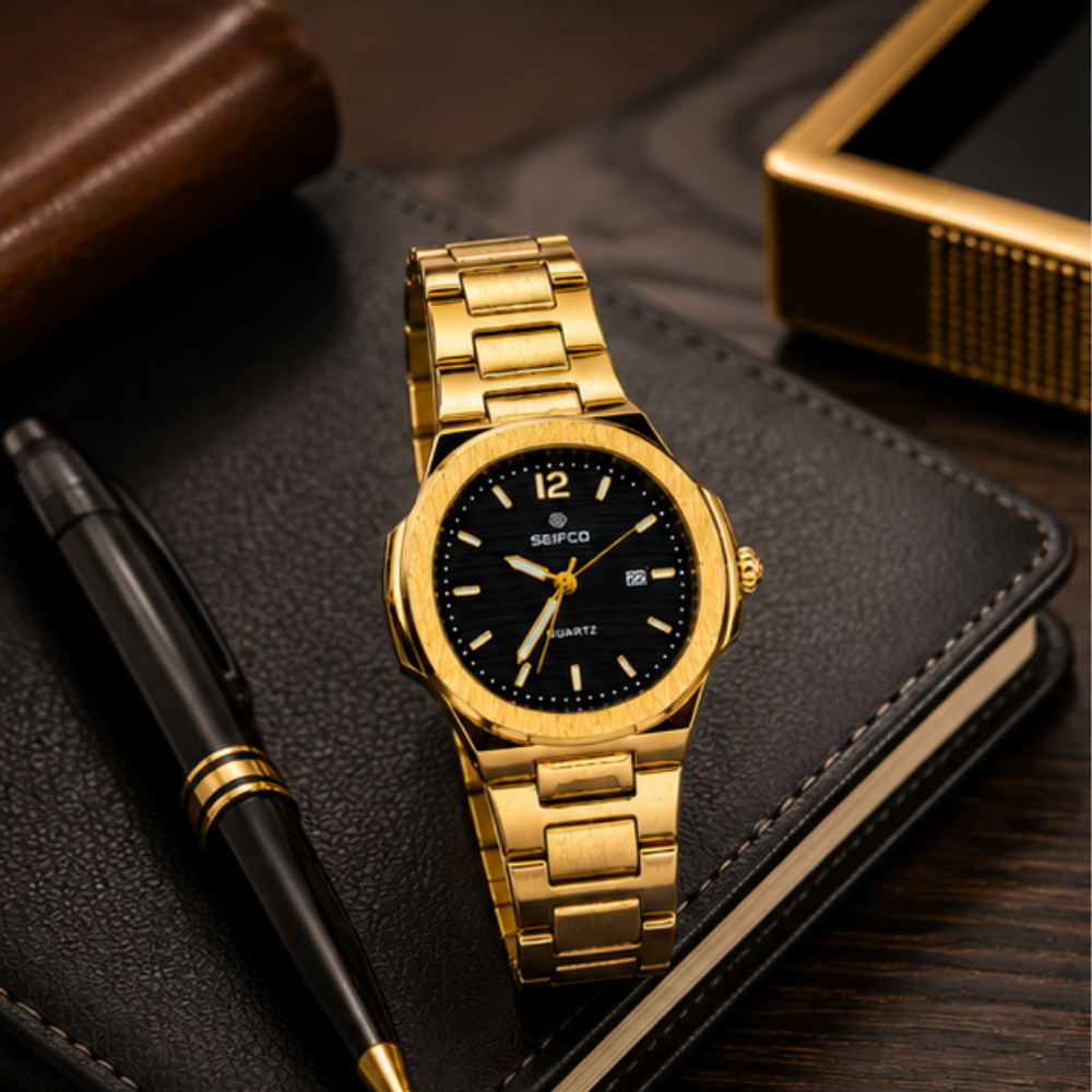 SEIFCO Classic Men's Stainless Steel Quartz Watch, Black Dial, Gold - الصورة 4