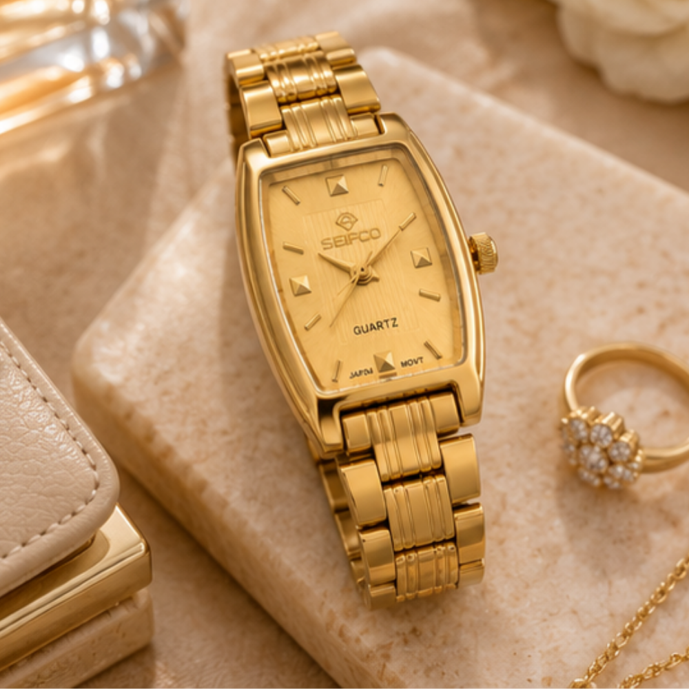 SEIFCO Classic Women’s Stainless Steel Quartz Watch with Gold Dial and Gold Bracelet - الصورة 4