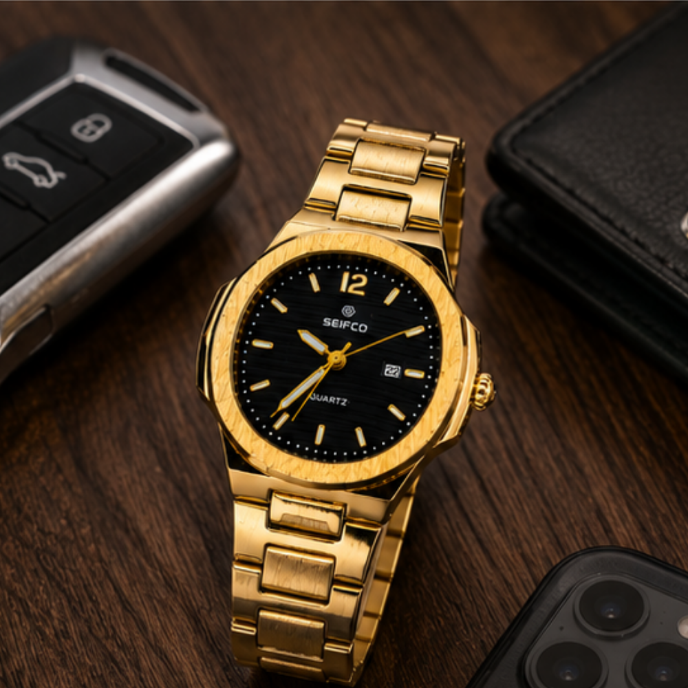 SEIFCO Classic Men's Stainless Steel Quartz Watch, Black Dial, Gold - الصورة 3