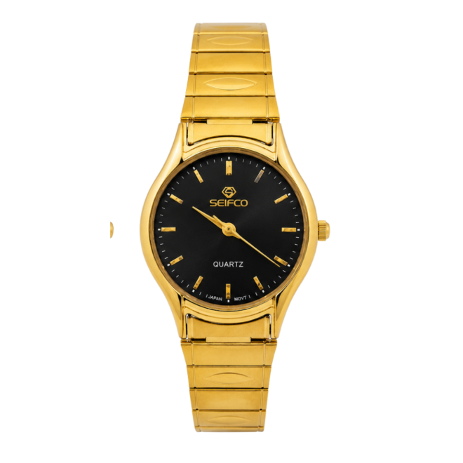 Seifco  unisex Quartz Watch, Black Dial, Gold Stainless Steel Bracelet