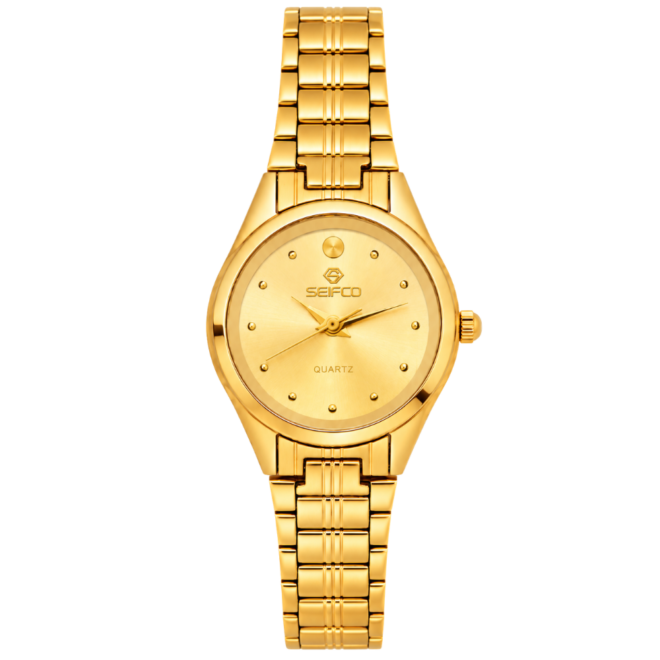 SEIFCO Classic Women’s Stainless Steel Quartz Watch with Gold Dial and Gold Bracelet