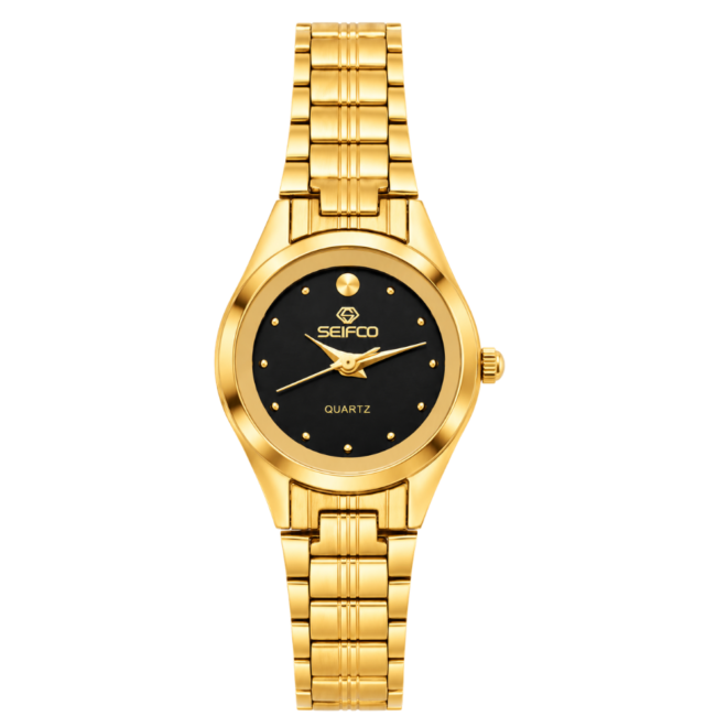 SEIFCO Classic Women’s Stainless Steel Quartz Watch with Black Dial and Gold Bracelet