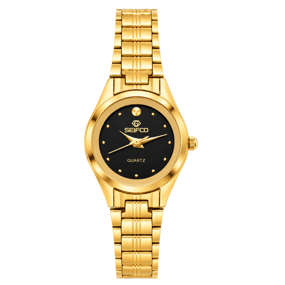 SEIFCO Classic Women’s Stainless Steel Quartz Watch with Black Dial and Gold Bracelet