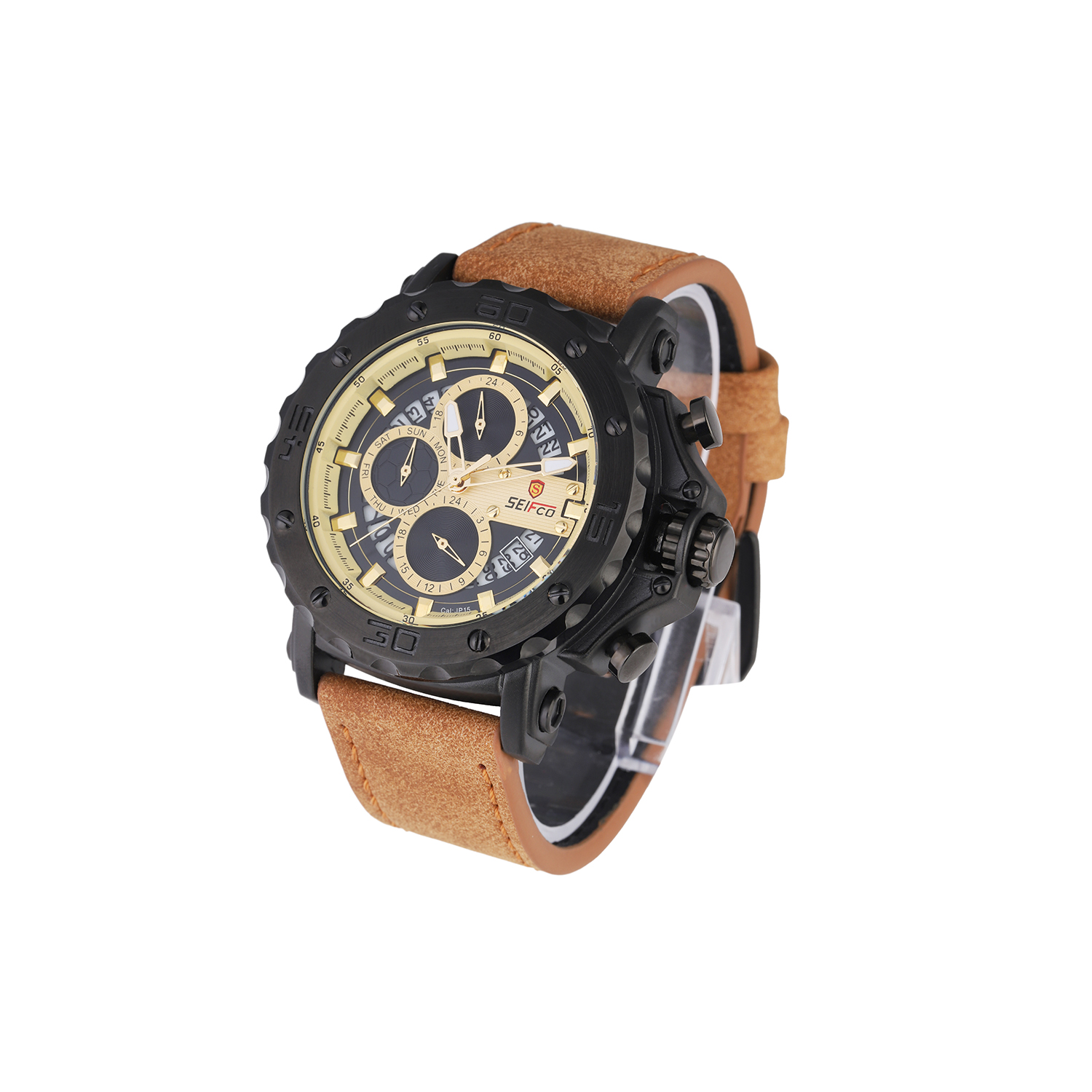 SEIFCO Sport Men’s Quartz Watch with Gold Multi-Dial and Brown Leather Strap - الصورة 2