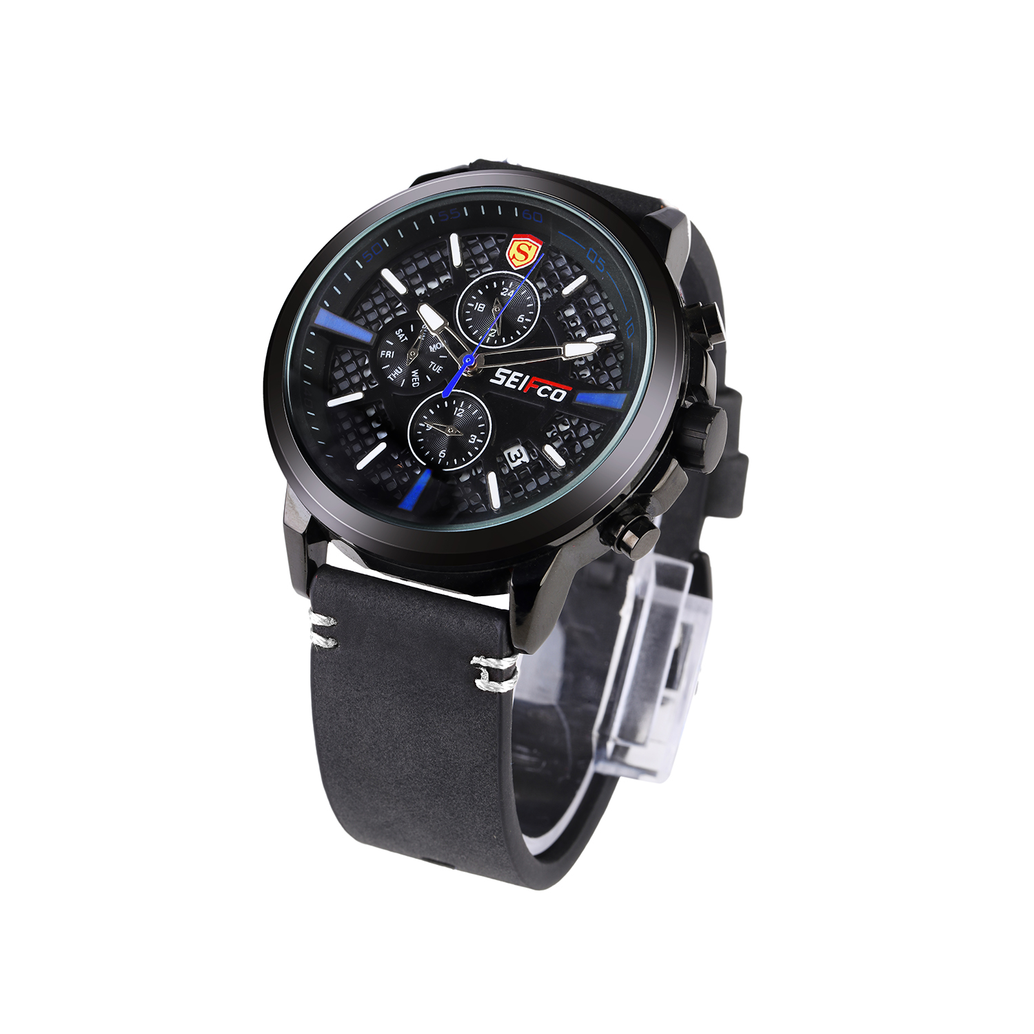 SEIFCO Sport Men’s Quartz Watch with Textured Black Dial and Black Leather Strap - الصورة 3