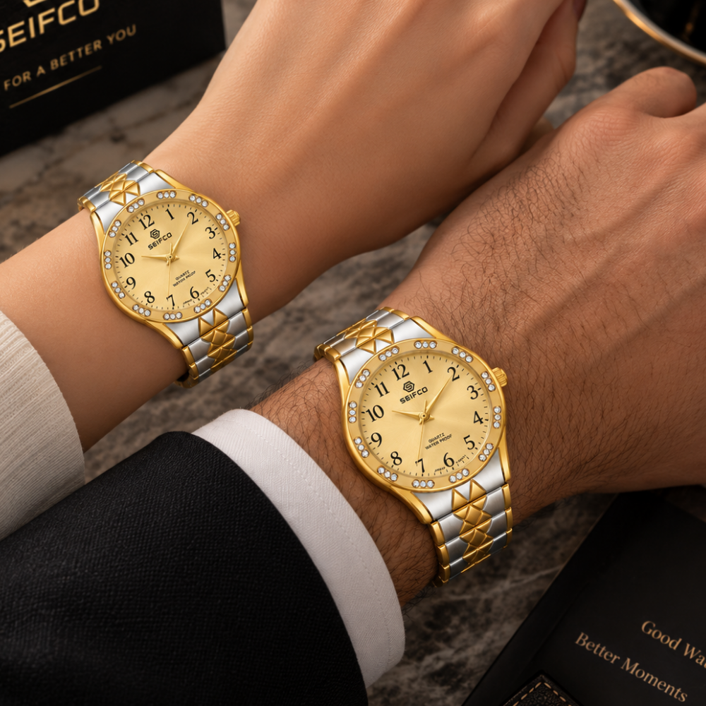 SEIFCO Classic Unisex Stainless Steel Quartz Watch with Gold Dial and Silver Bracelet - الصورة 3