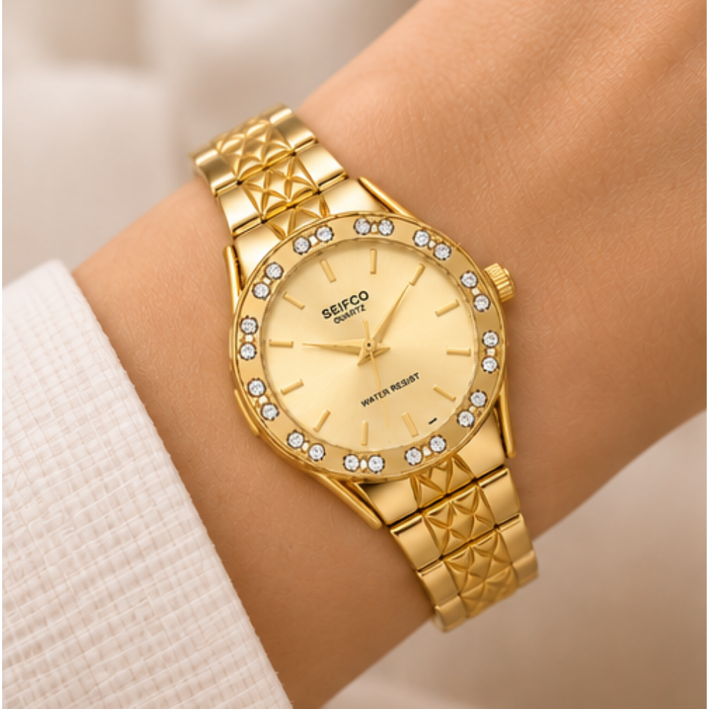 SEIFCO Classic Women’s Stainless Steel Quartz Watch with Gold Dial and Gold Bracelet - Image 3