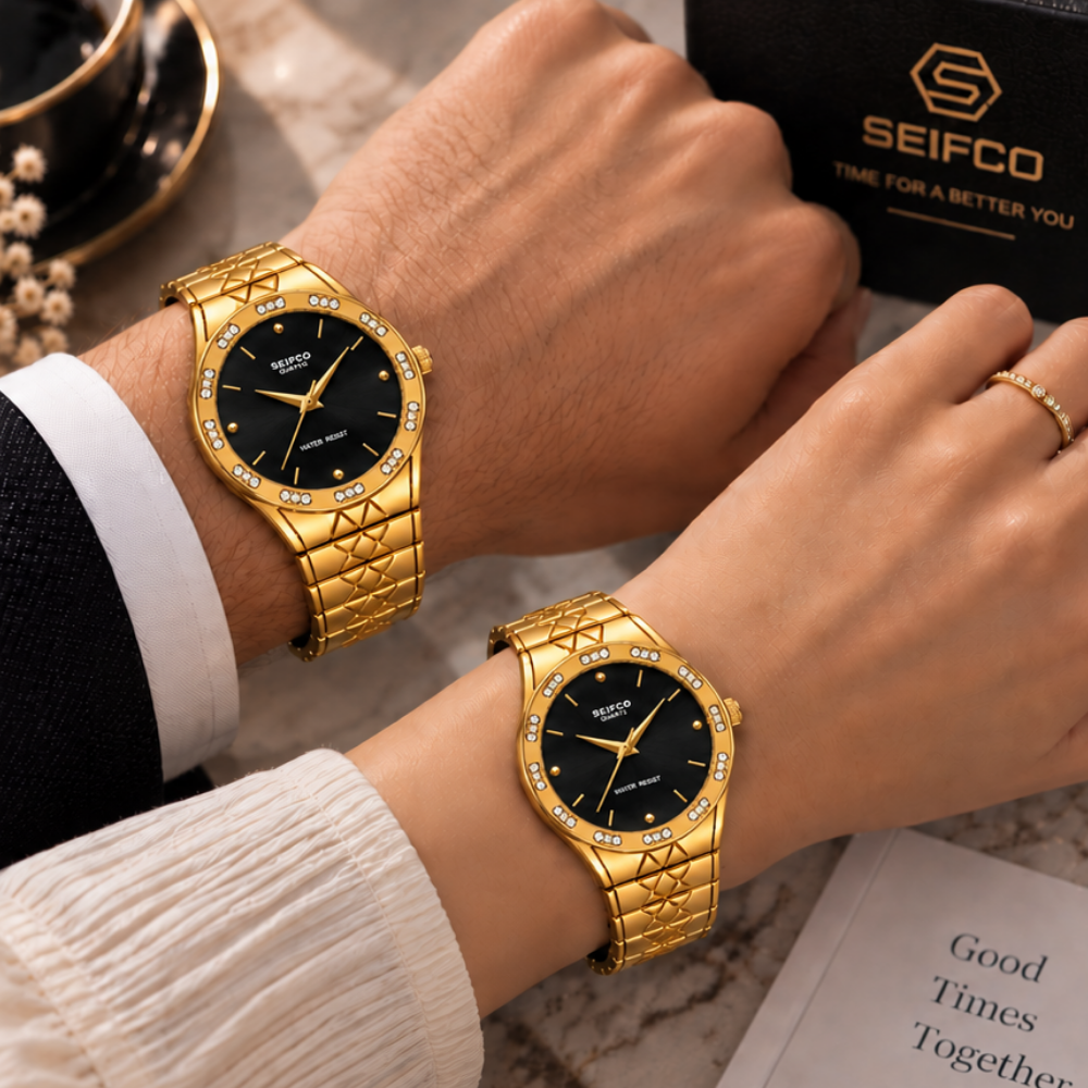 SEIFCO Classic Unisex Stainless Steel Watch with Black Dial and Gold Bracelet - Image 2